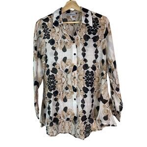 La Madona Women's M White Black Brown Delicate Floral Button Up Flare Hem Shirt